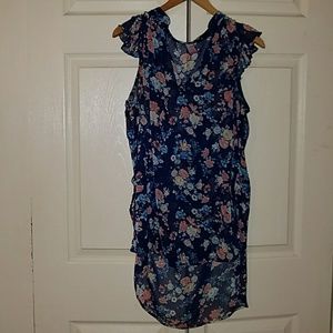 navy blue polyester blouse with flower prints.